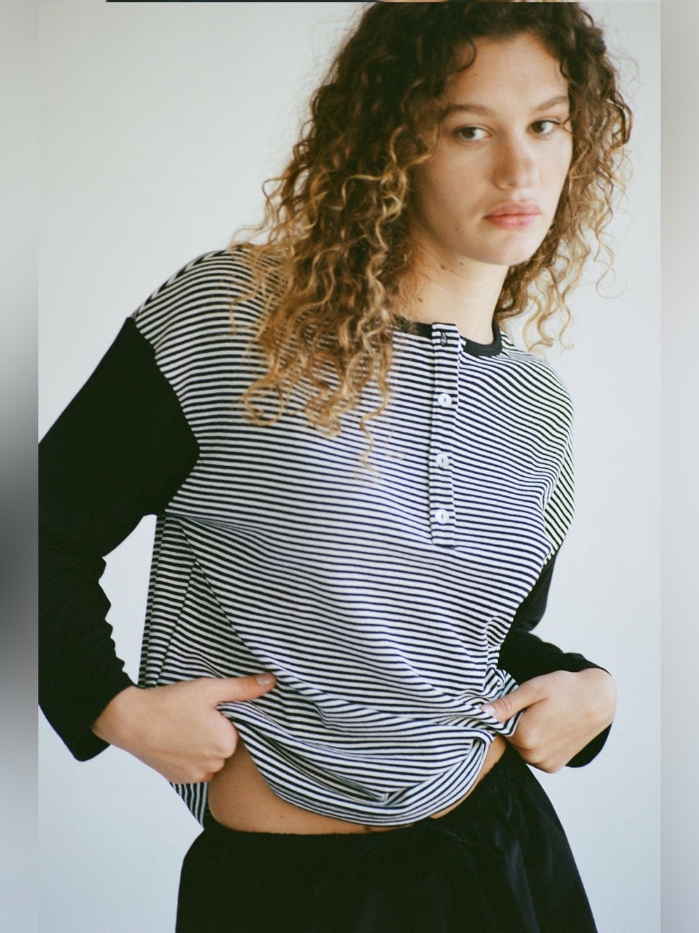 LA RELAXED Striped Organic Cotton Henley Long Sleeve Shirt Top XL Black White